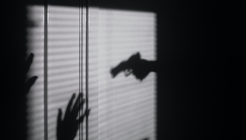 Silhouette of person holding gun up