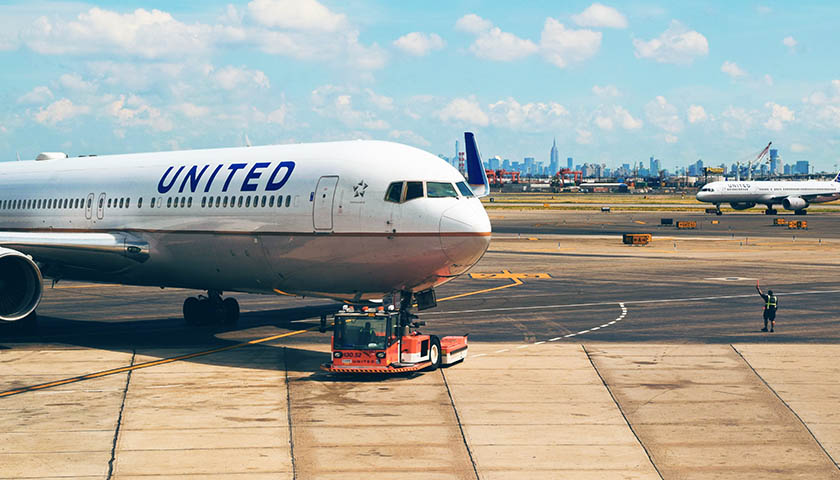 United Airlines plane on runway