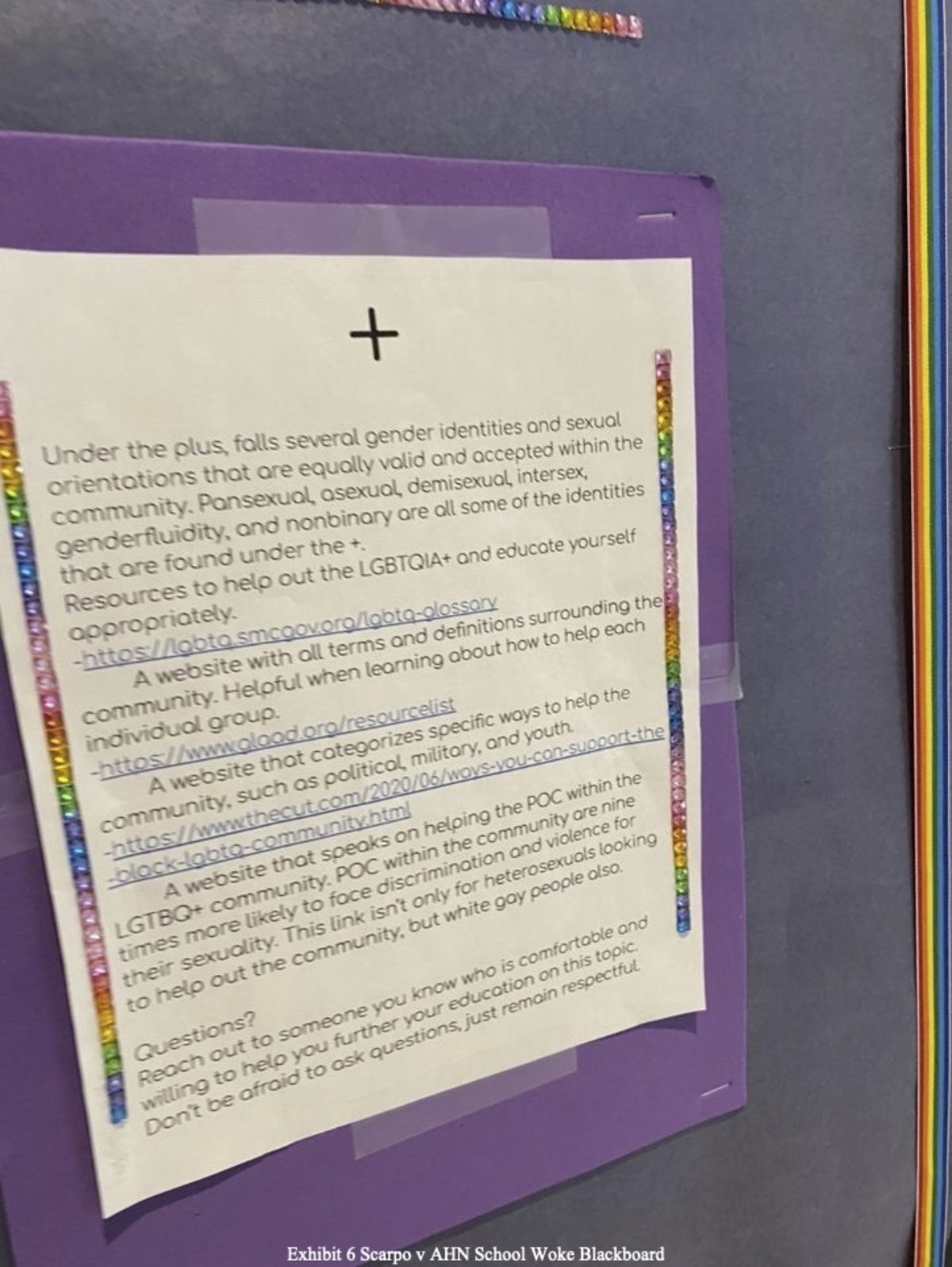 “+” poster on display at the Academy of the Holy Names. Courtesy of Adam Levine from the lawsuit exhibits.