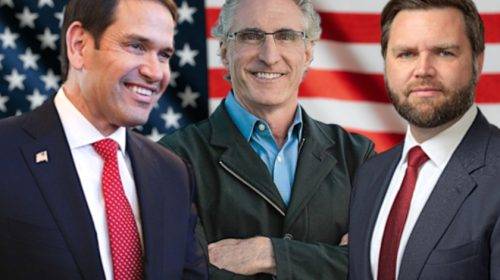 Senator Marco Rubio, Gov. Doug Burgum, and Senator JD Vance in front of an American Flag (composite image)