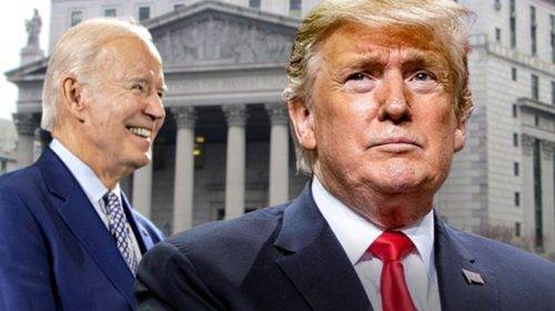 Joe Biden and Donald Trump in front of New York Supreme Court building (composite image)