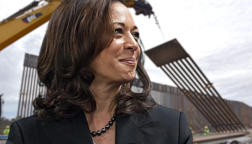 Kamala Harris in front of wall at the US Southern Border (composite image)